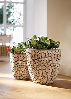 Dekoleidenschaft 2er Set Übertopf “Holzscheibe” Blumen Pflanz Kübel Topf Pflanzer Garten Deko