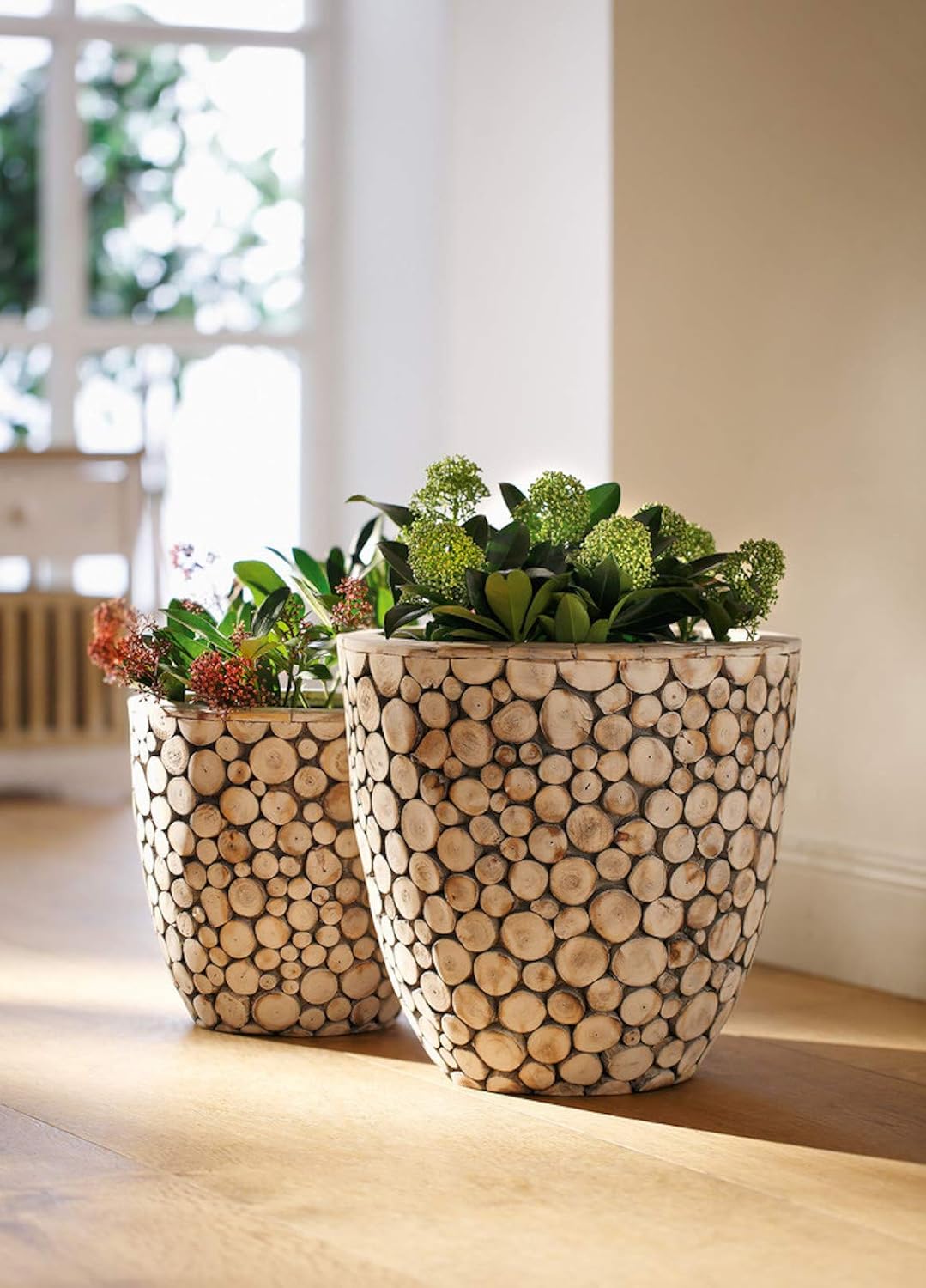 Dekoleidenschaft 2er Set Übertopf “Holzscheibe” Blumen Pflanz Kübel Topf Pflanzer Garten Deko