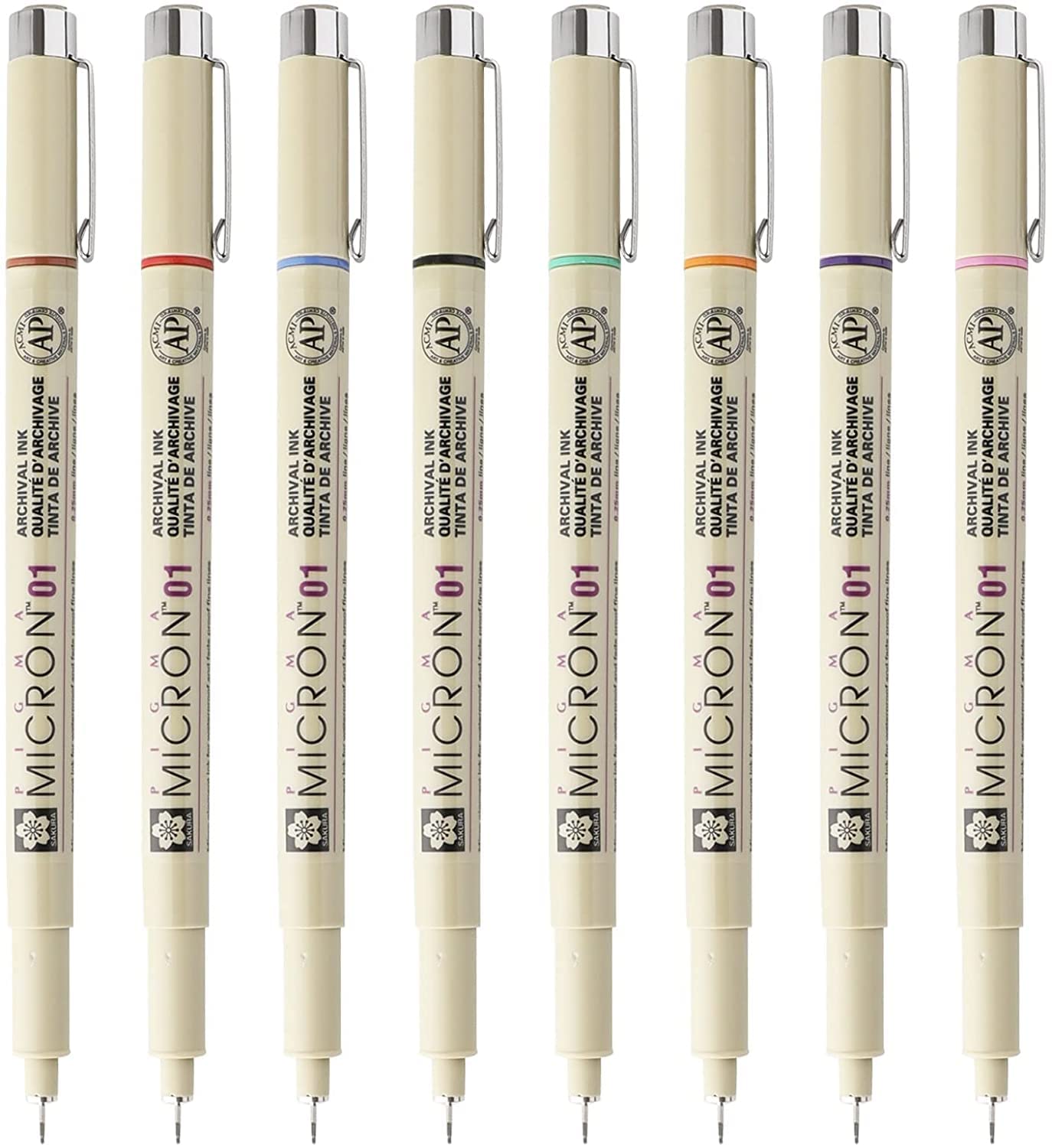 Sakura Micron Pen Set | 01 (.25mm) Fine Tip Micron Pens, 8 Count Assorted Colors Drawing Pens