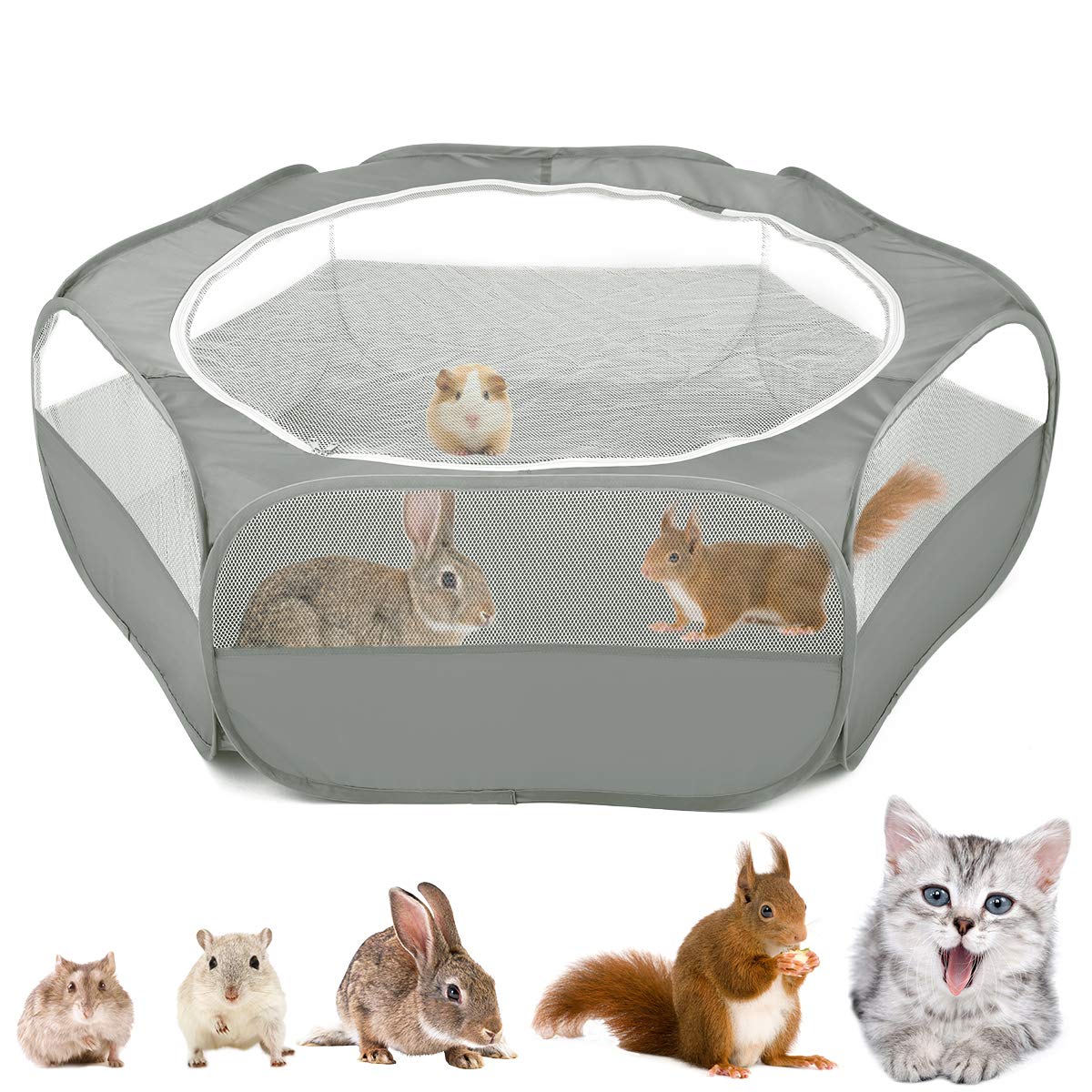 VavoPaw Small Animal Kitten Playpen, Pet Exercise Fence Waterproof with Zippered Cover, Pet Cage Tent, Small Yard Fence for Guinea Pig, Cat, Rabbit, Hamster, Chinchillas, Hedgehogs, Gray