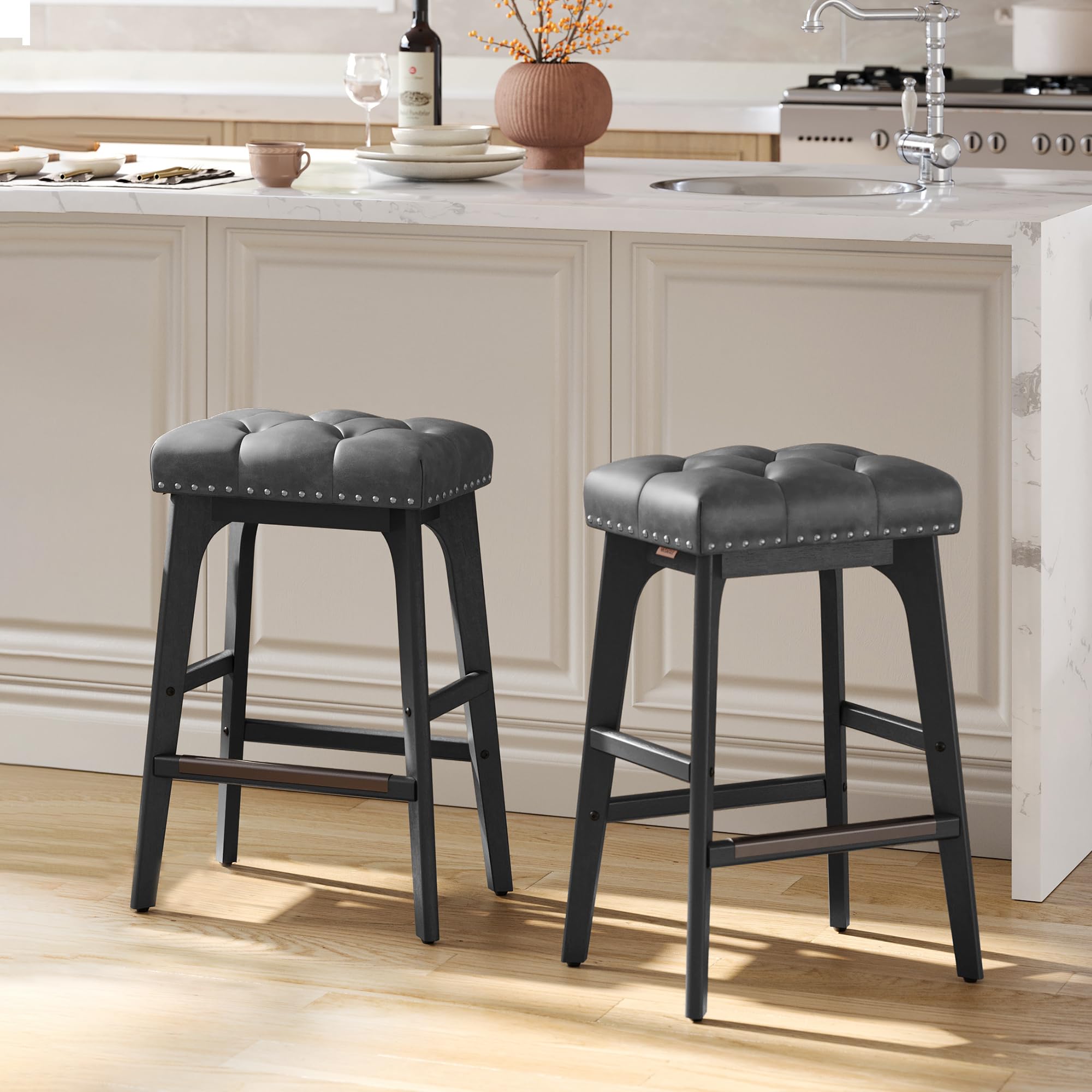 Photo 1 of ***DAMAGED -SELLING AS PARTS ONLY*** VASAGLE Bar Stools, Saddle Counter Height Bar Stools, 26-Inch Backless Kitchen Stools PU Leather Thickened Upholstered Barstools for Kitchen Island Dining Room, Ink Black