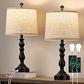 Leasgy 23'' Farmhouse Table Lamps for Living Room Set of 2 with USB C+A Ports, Retro Bedside Lamp for Bedroom, Office, Dining