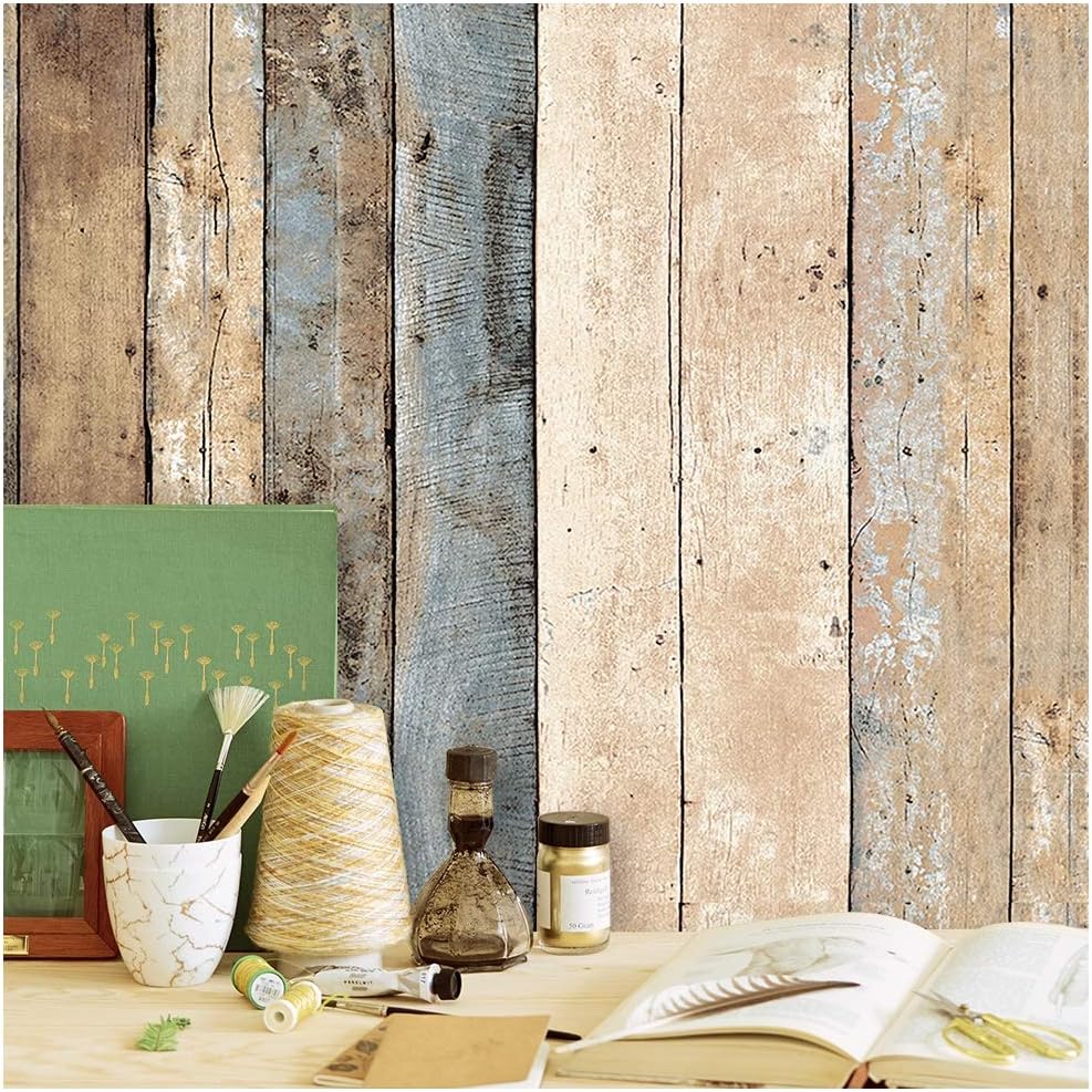 HaokHome 205 Distressed Wood Plank Wallpaper Rolls Blue/Beige/Brown