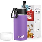 Mollcity 12 oz Water Bottle for Kids-Small Insulated Water Bottle with Straw-Stainless Steel Double Wall Vacuum Sports Water Bottles for School (Purple)