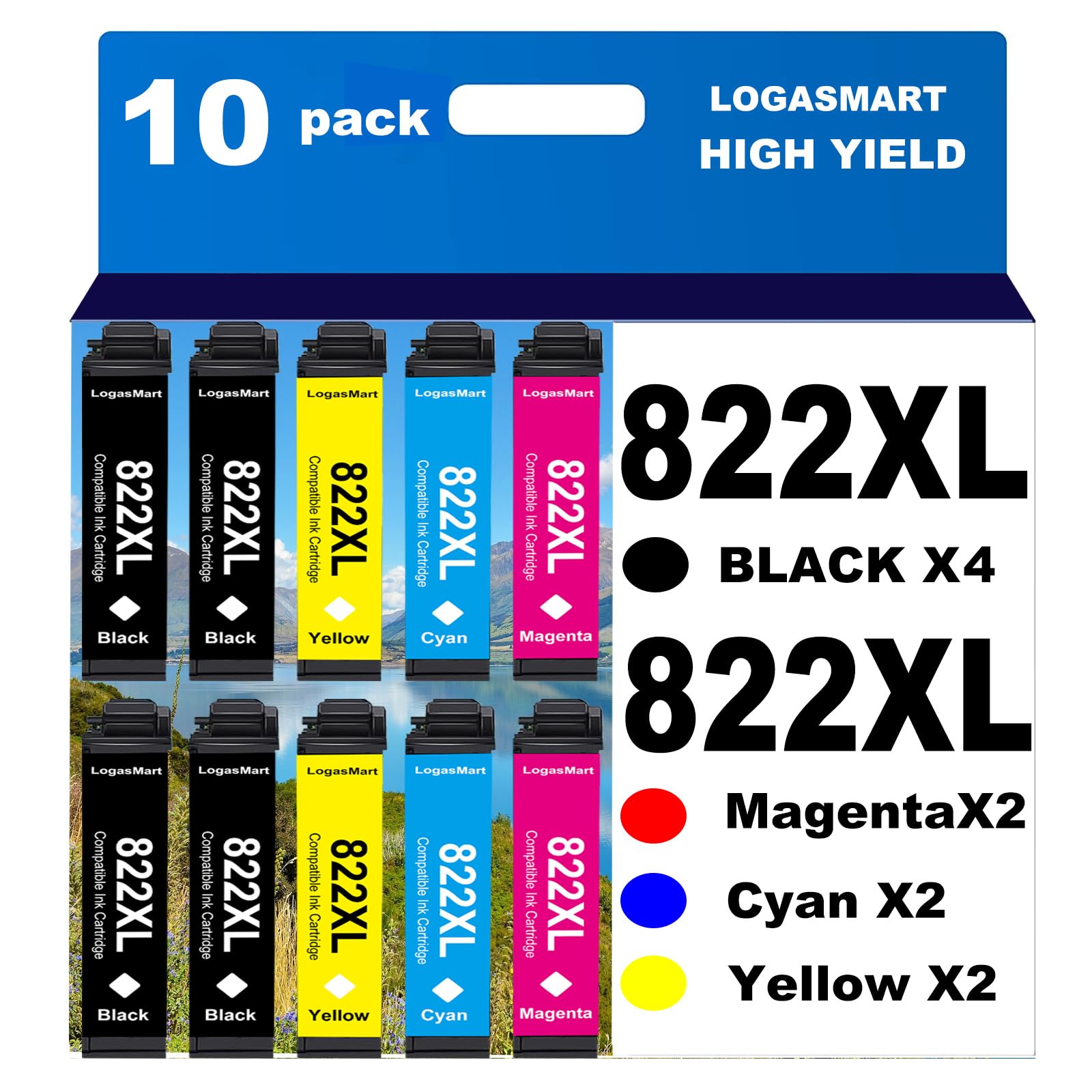 Photo 1 of LOGASMART 822XL Remanufactured for Epson 822XL Ink Cartridges 822 XL T822 for Workforce Pro WF-3820 WF-3823 WF-4820 WF-4830 WF-4833 WF-4834 Printer 10PACK 4Black 2Cyan 2Yellow 2Magenta