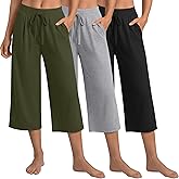 Locoowai 3 Pack Women's Capri Pants, Casual Wide Leg Yoga Pants High Waist Drawstring Cropped Lounge Trousers with Pockets