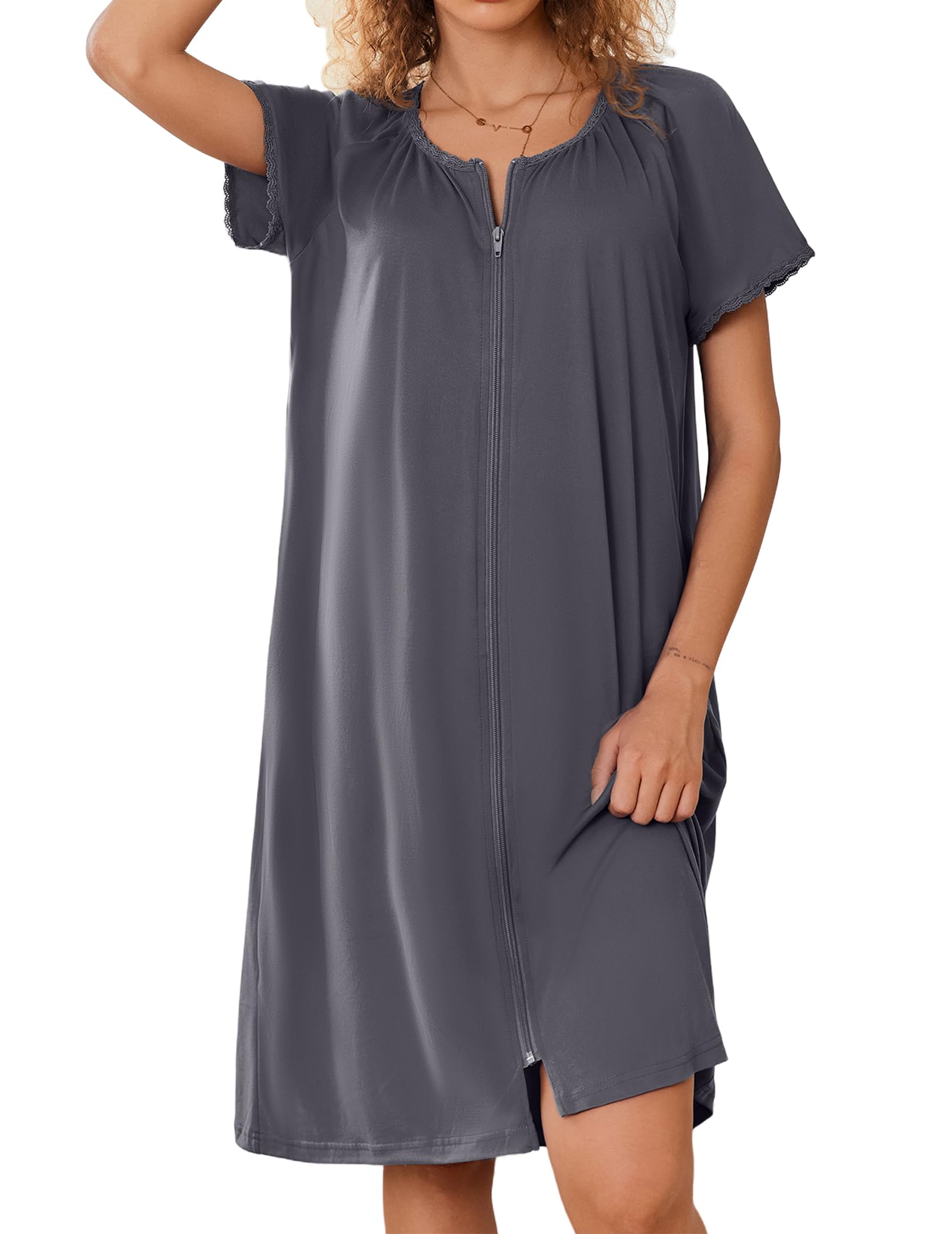 Photo 1 of Ekouaer Women Zipper Robe Open Front Light Robe Lace Trim Bathrobes Knee Length Housecoat Grey XL