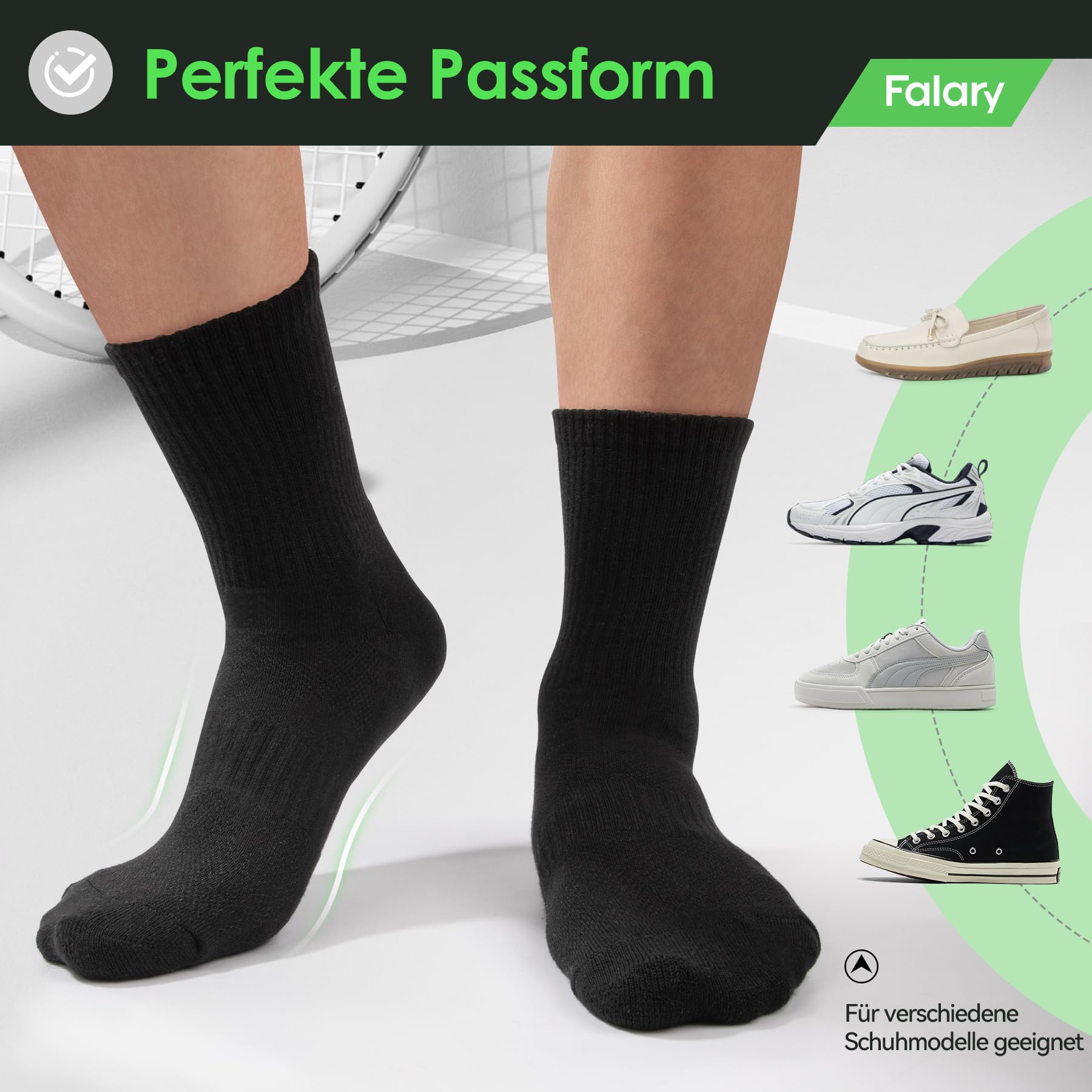 FALARY Socken Herren 39-42 Damen Sportsocken Tennissocken Baumwollsocken Laufsocken Crew-socks 6 paar Schwarz 5