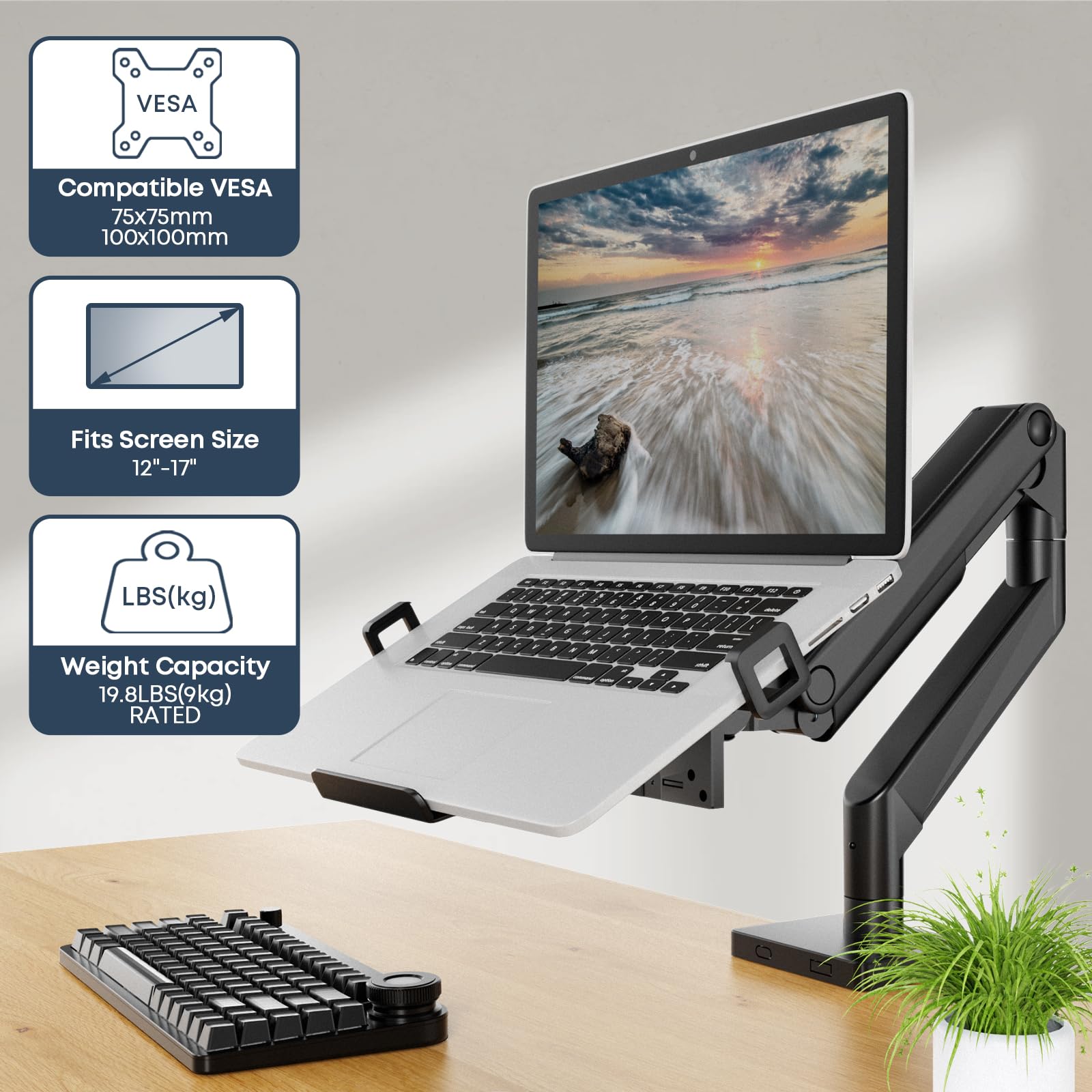 Laptop VESA Mount Tray Holder for Monitor Arms and Stands 75x75mm 100x100mm Clamp Notebook Adjustable 12 to 17 inch Black Universal