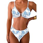 Fanuerg Women's Triangle Bikini Sets O Ring Linked Two Piece Swimsuits Floral Printed Cheeky Bathing Suit
