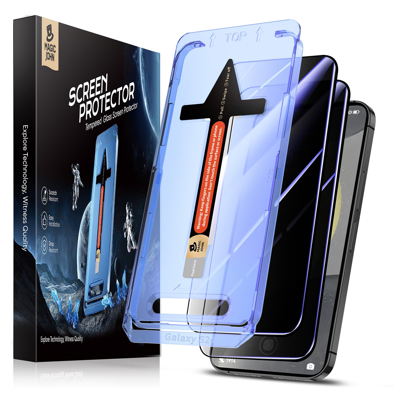 MAGIC JOHN 2 Pack for Samsung Galaxy S24 Privacy Glass Screen Protector[Not Ultra], 6.2inch, Anti-spy, Tempered Glass Film, Auto Dust-Elimination Installation, Bubble Free, Case Friendly, Anti-Scratch