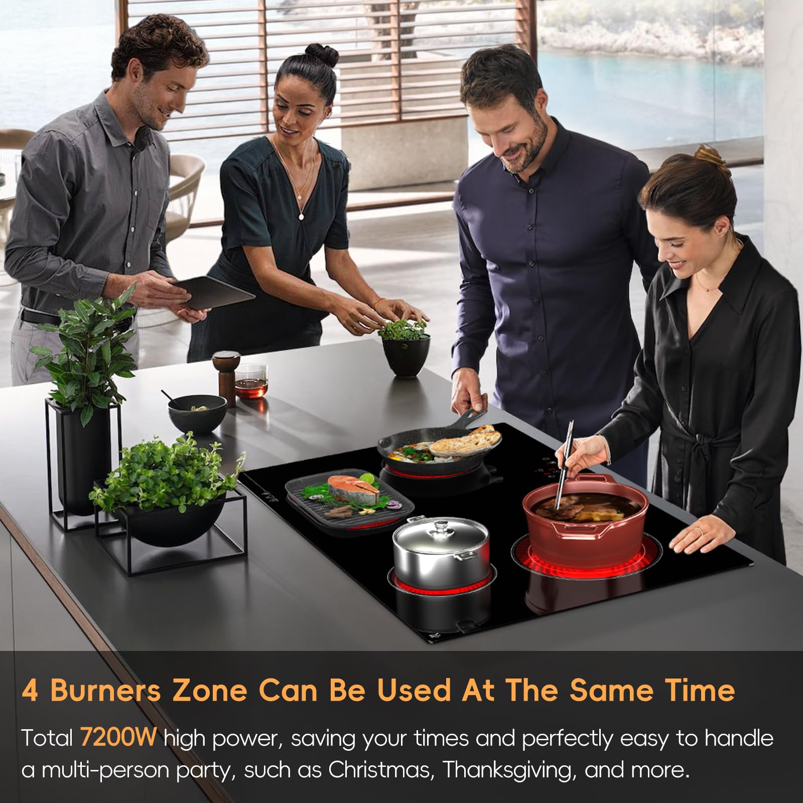 30 inch Electric Cooktop 4 Burner, 7200W Built-in Stove Top Burner with Sensor Touch Control, Radiant Electric Ceramic Cooktop with Safety Lock, 9 Level Power, 99 Min Timer - Hard Wire