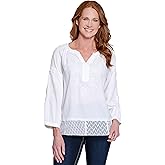 john mark Women's Embroidered Y-Neck Tunic with Pop Up Floral Details and Three Quarters Sleeves