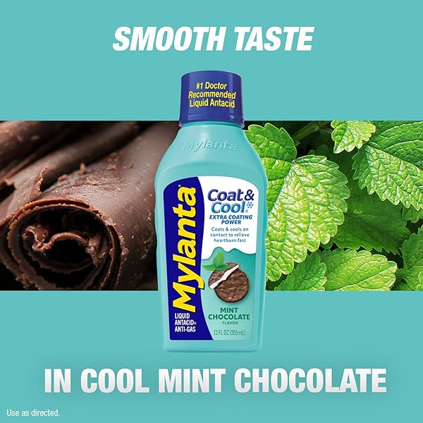 MYLANTA HEARTBURN AND GAS RELIEF, LIQUID ANTACID, COAT & COOL FORMULA, MINT CHOCOLATE FLAVOR, 12 FL OZ