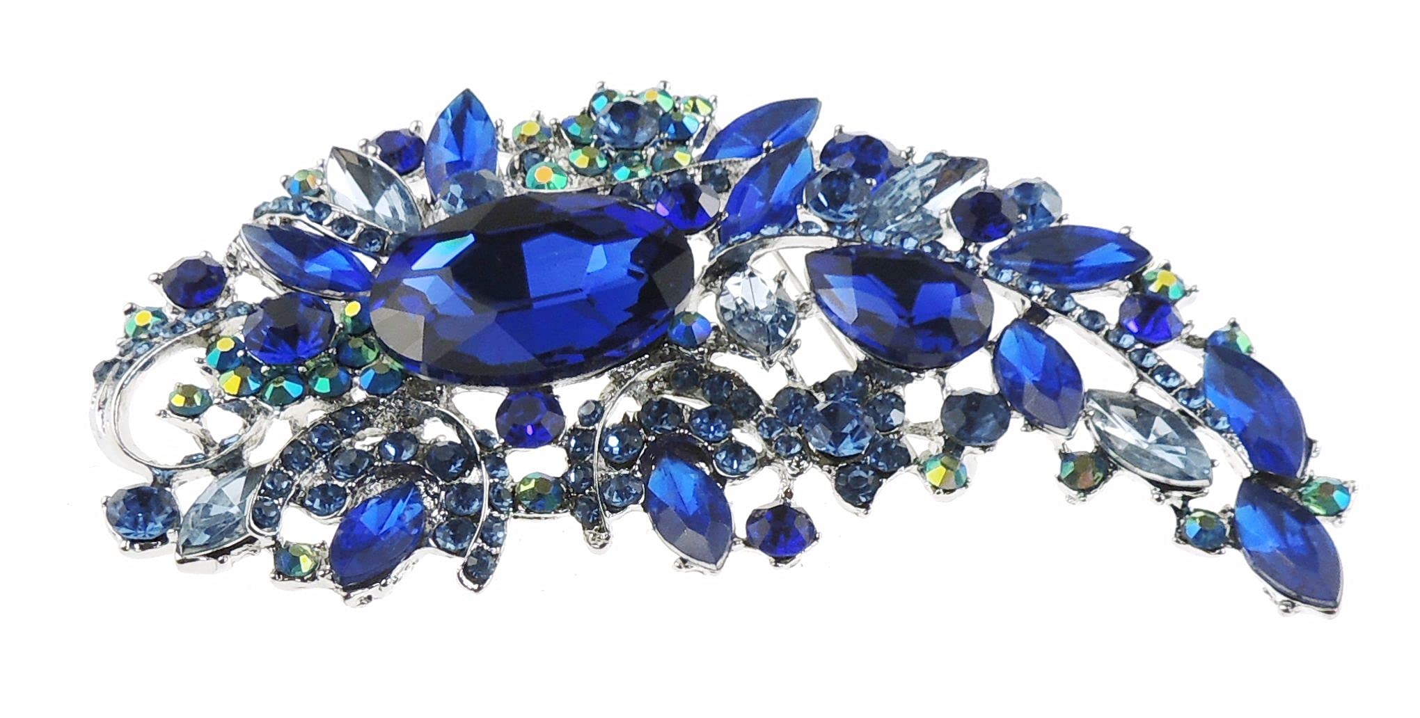 Sparkly Bridal Wedding Christmas Coat Scarf Coat Jacket Shawl Mother Bride Groom Bride Diamante Crystal Brooch Corsage Pin LARGE Flower Floral Leaves Blossom Bouquet Royal Blue Silver Tone