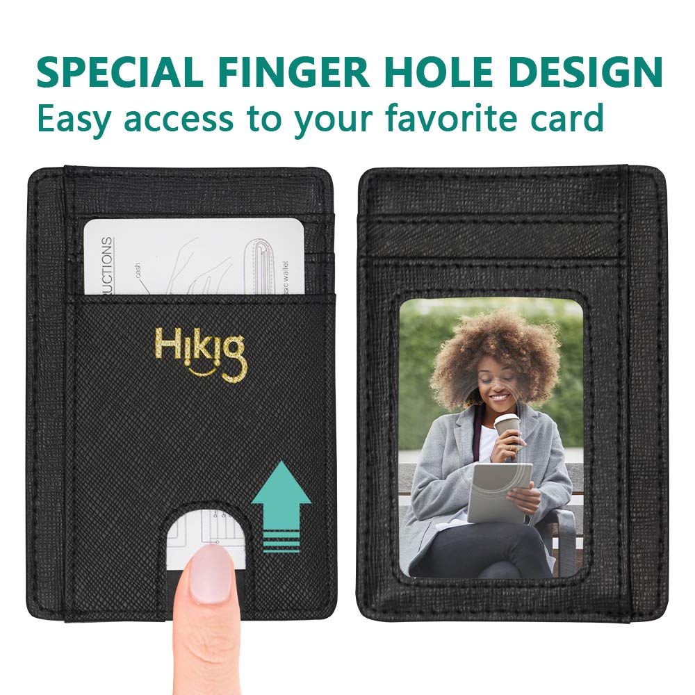 Slim Minimalist Leather Wallet RFID Blocking Money Clip Front Pocket Credit Card Holder Men Women Mini Wallet (Black)