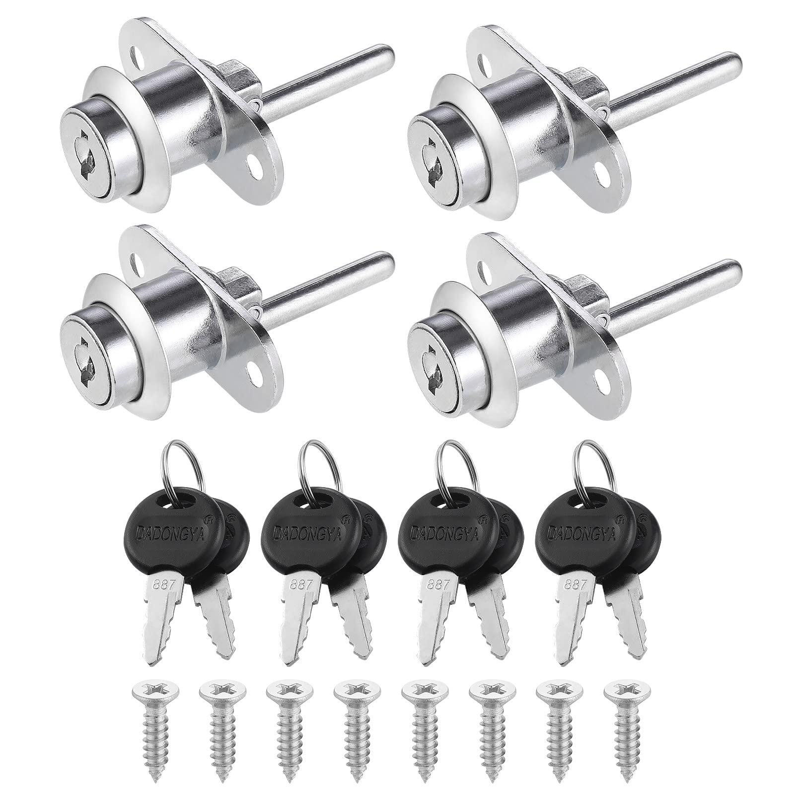 Hejo 4Pcs 16mm Drawer Locks, Cabinet Plunger Lock with Keys and Screws,Zinc Alloy Cam Lock for Filing Cabinets Wardrobe Display Furniture (Silver)