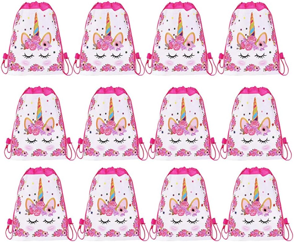 CHUQ 12 Pack Unicorn Drawstring Party Favors Bags,Unicorn Party Backpacks Gift Bags Party Supplies Favors Bags for Kids Children Girls Baby Unicorn Themed Party