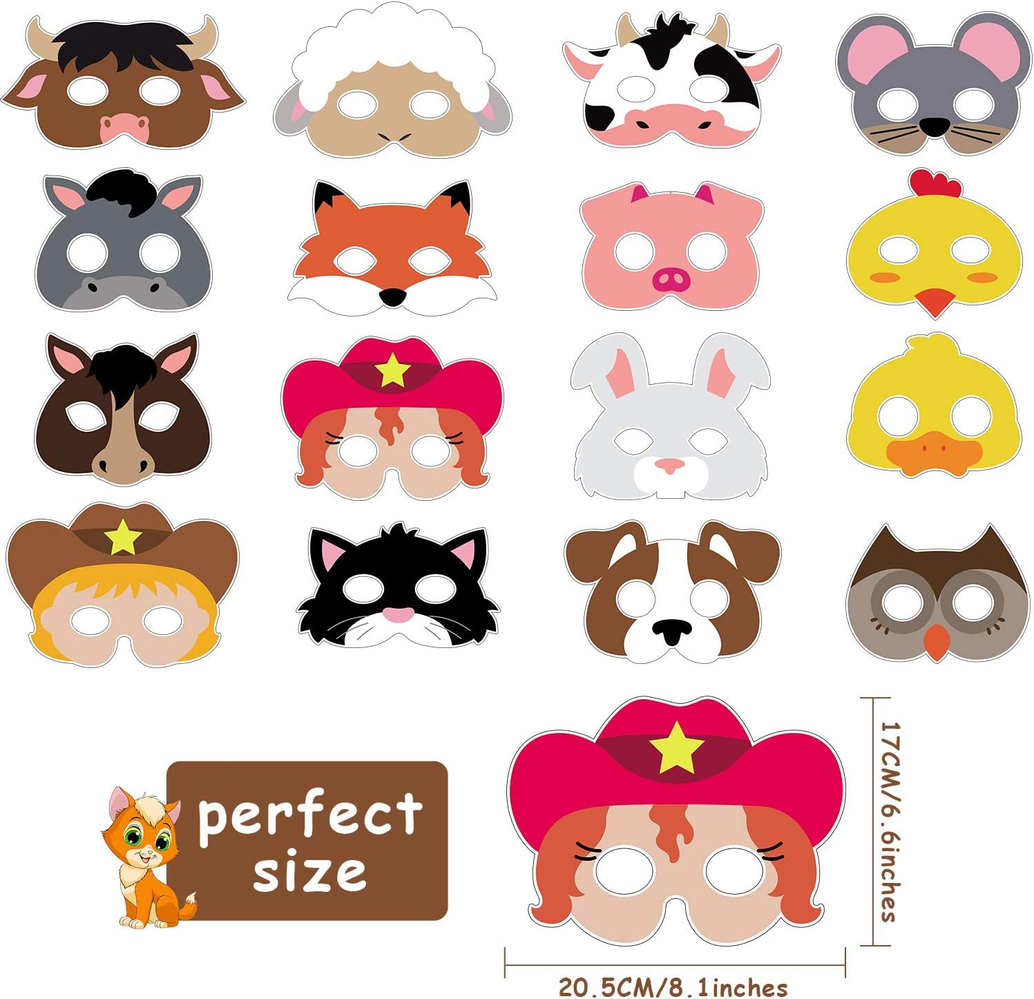 Blulu 16 Piece Farm Forest Animal Mask Barnyard Animal Face for Petting Zoo Farmhouse Jungle Theme Birthday Costumes Dress-up Party Supplies - Image 3