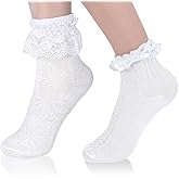 2 Pairs White Ruffle Socks for Women Turn-Cuff Lace Frilly Ankle Sock Comfortable Cotton Princess Socks