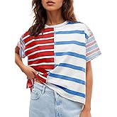 Tankaneo Womens Summer Striped Shirts Casual Color Block Short Sleeve Tops Loose Fit Crew Neck Tees