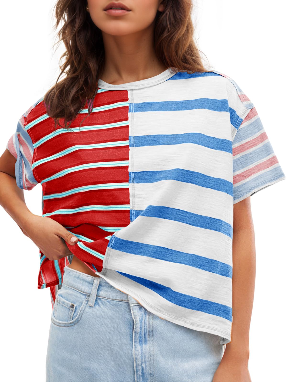 Photo 1 of ** UNKNOWN SIZE***Tankaneo Womens Summer Striped Shirts Casual Color Block Short Sleeve Tops Loose Fit Crew Neck Tees Red