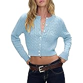 Balimtoy Women Cable Knit Cardigan Cropped Long Sleeve Crew Neck Button Down Sweater Cardigans Cute Y2k Fall Jackets