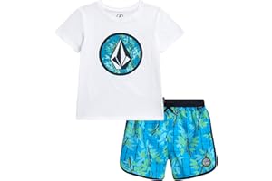 Volcom Baby Boys Swim Set - 2 Piece Short Sleeve Swim Shirt Graphic Tees & Board Shorts - Infant Toddler Little Boys Swimsuit