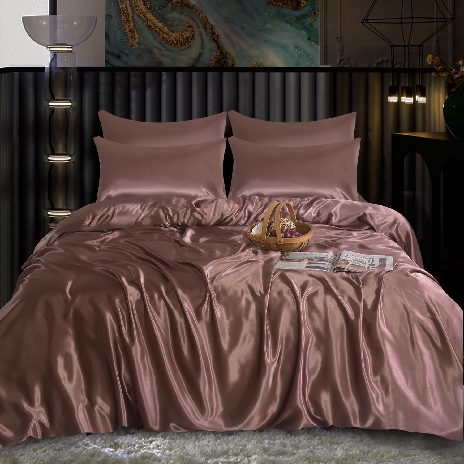ROOEE Satin Silk Complete Bedding Set - 6 PCS - Fitted sheet, Duvet Cover, 4 Pillow Cases. Color - Blush-Pink Size - King