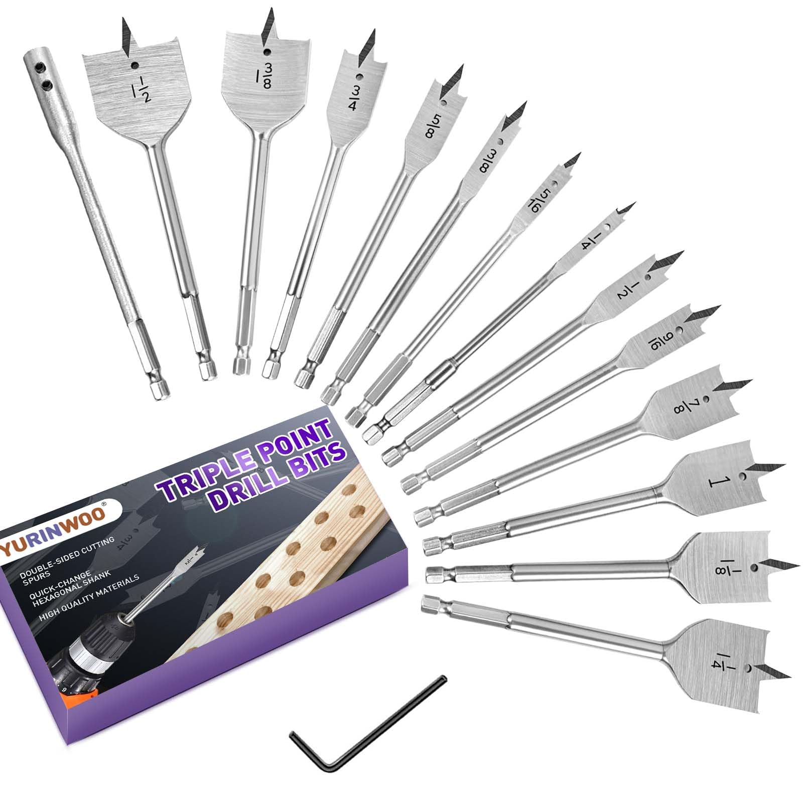 YURINWOO 15PCS Spade Drill Bits Set, 6-38mm, Carbon Steel, Flat Wood Drill Bit Set for Wood, Plastic, PVC