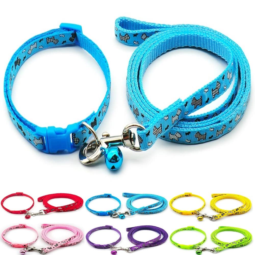 Small Dog Puppy Pet Collar and Lead Set Scotty Dogprint Design Nylon Adjustable Size 19-32cm Collar with Bell and 120cm Leash Blue