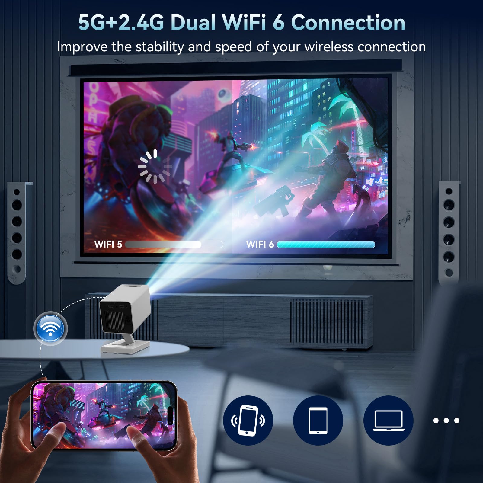 Mini Projector with WIFI 6 and Bluetooth, 4K 1080P Support Portable Projector Movie Auto Keystone for Laptop, PC, Smartphone