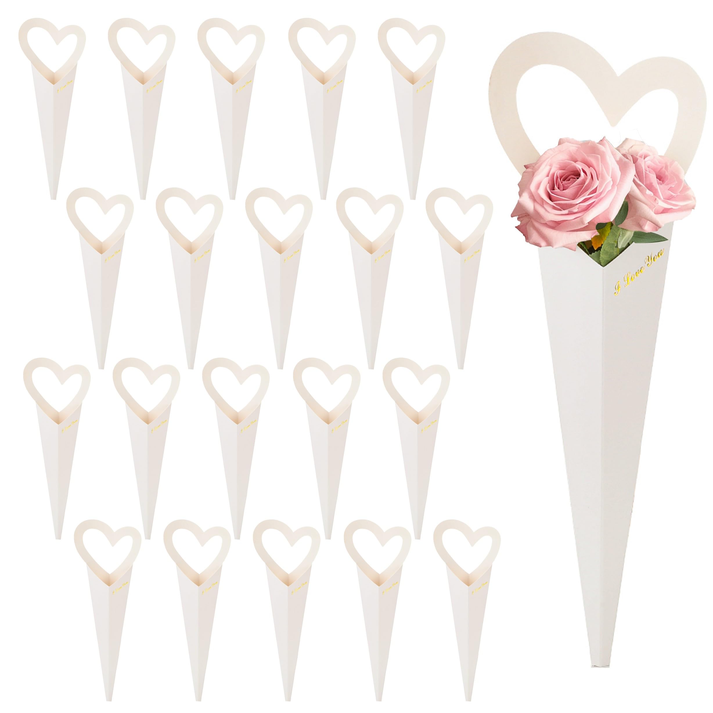 Photo 1 of xialgshe 20 Pack Single Flower Wrapping Paper, Heart Boxes for Flowers, Bloom Shaper for Flowers, Wedding Birthday Valentines Day Gift Bag (white)