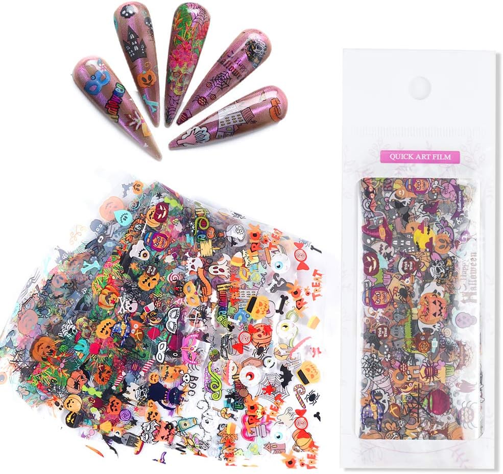 10 Sheets Halloween Nail Foil Transfers Stickers Nail Foils Pumpkin Spider Skull Ghost Witch Nail Decals for Halloween Party Supplies Manicure Tips Wraps Nail Art Decoration Designs