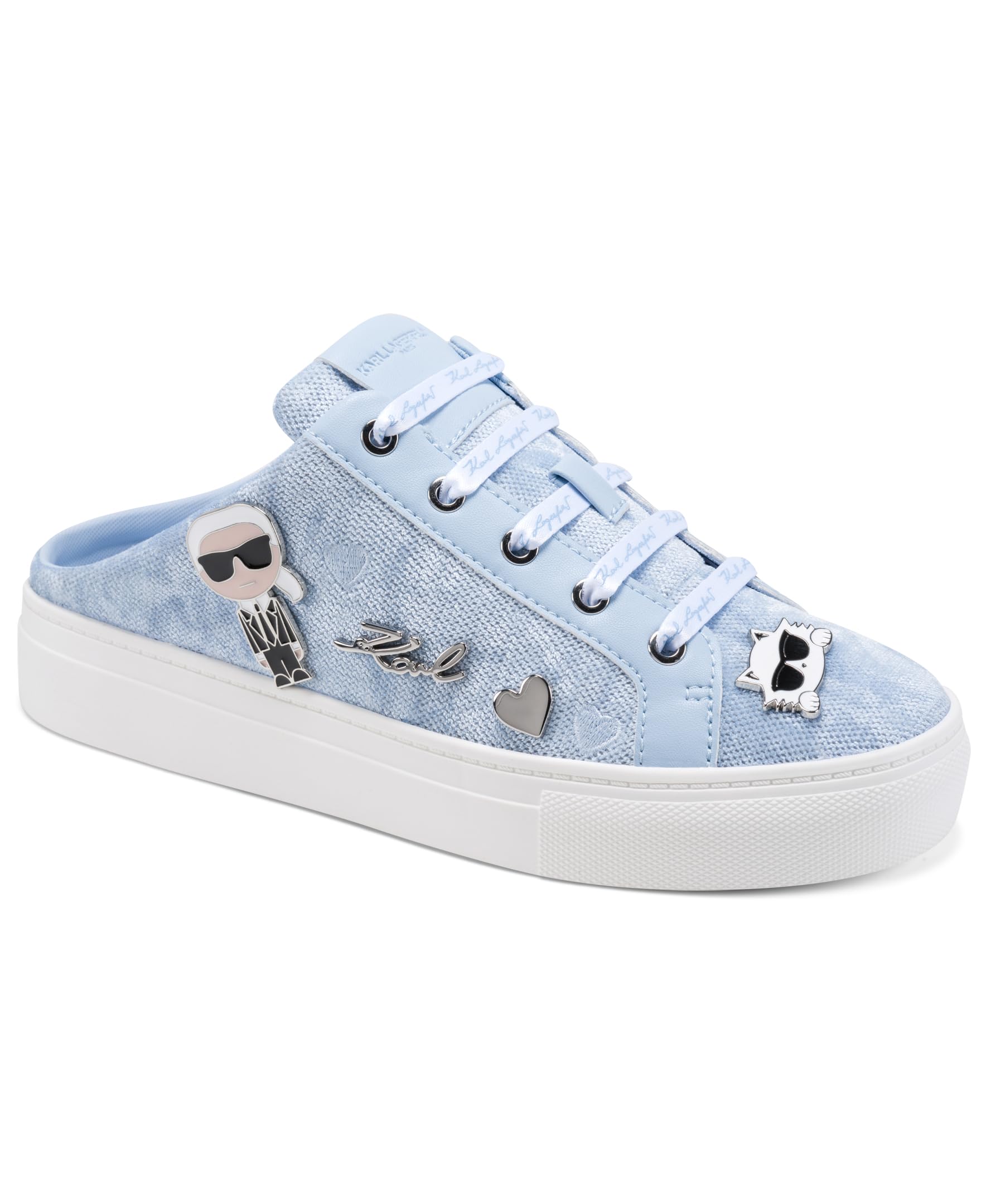 KARL LAGERFELD Paris Women’s Cambria Slip on Sneaker Mule with Pins, Light Blue, 7.5