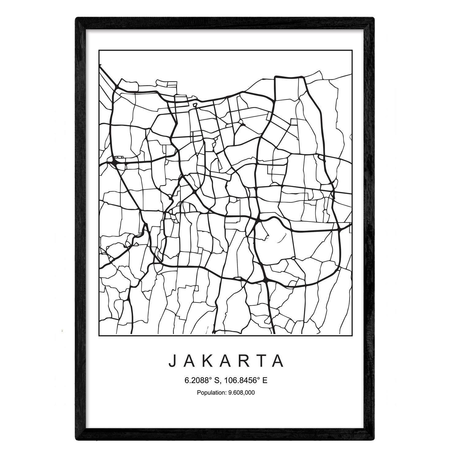 Blade Jakarta city map Nordic style black and white. A3 size poster Printed paper No 250 gr. Paintings, prints and posters for living room and bedroom