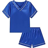 DIPUG Girls Pajamas Set Silky Satin Short Sleeve V Neck Pjs Soft Homewear Sleepwear 6-12 Years