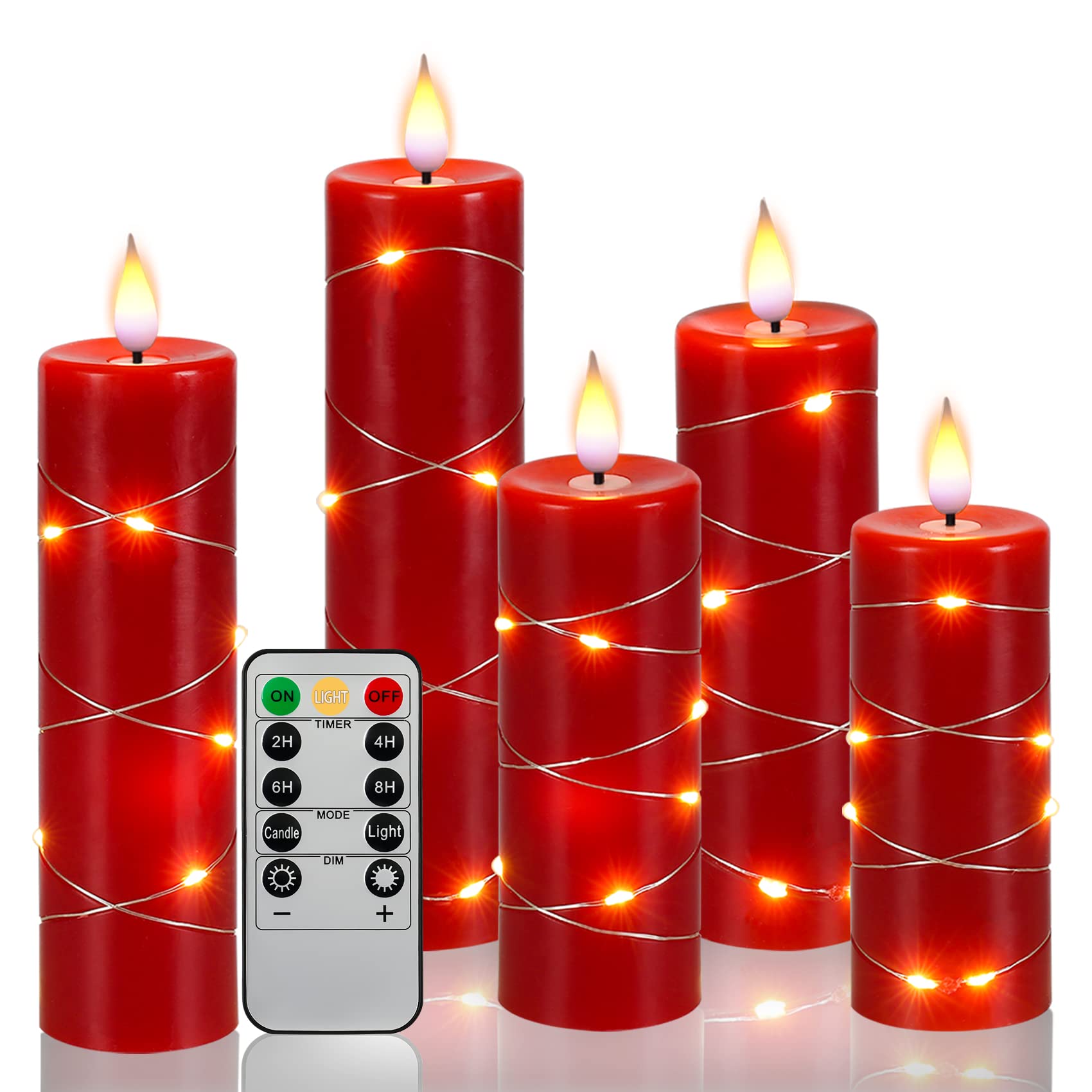 Photo 1 of Red Flameless Candle with Remote Control LED Candle with String Lights Battery Powered Flameless Candle4'' 5'' 6'' 7'' 8'' Candles of 5 Pcs