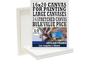 WHOLESALE ARTS AND FRAMES Stretched Canvas for Painting 16x20 10PK 3/4" 10 Oz. 16x20 Canvas Value Pack.Large Stretched Cotton Blank Canvas for Painting. 16 x 20 Canvases Bulk XL Rectangle Universal Triple Primed for Paint&Sip