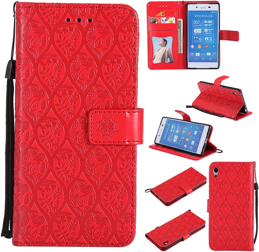 Xperia Z4 Case, EST Premium Vegan Leather Elegant Rattan Flower Floral Pattern Slim Flip Wallet Case with Wrist Strap for Sony Xperia Z4/Z3+/Z3 PLUS/E6553, Red