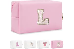 CHAOGREAT Small Personalized Initial A-Z Patch Makeup Bag,Pink Cute PU Leather Glitter Letter Cosmetic Bag for Teen Girls,Travel Toiletry Bag with Zipper,Preppy Monogrammed Birthday Gift for Daughter Niece L