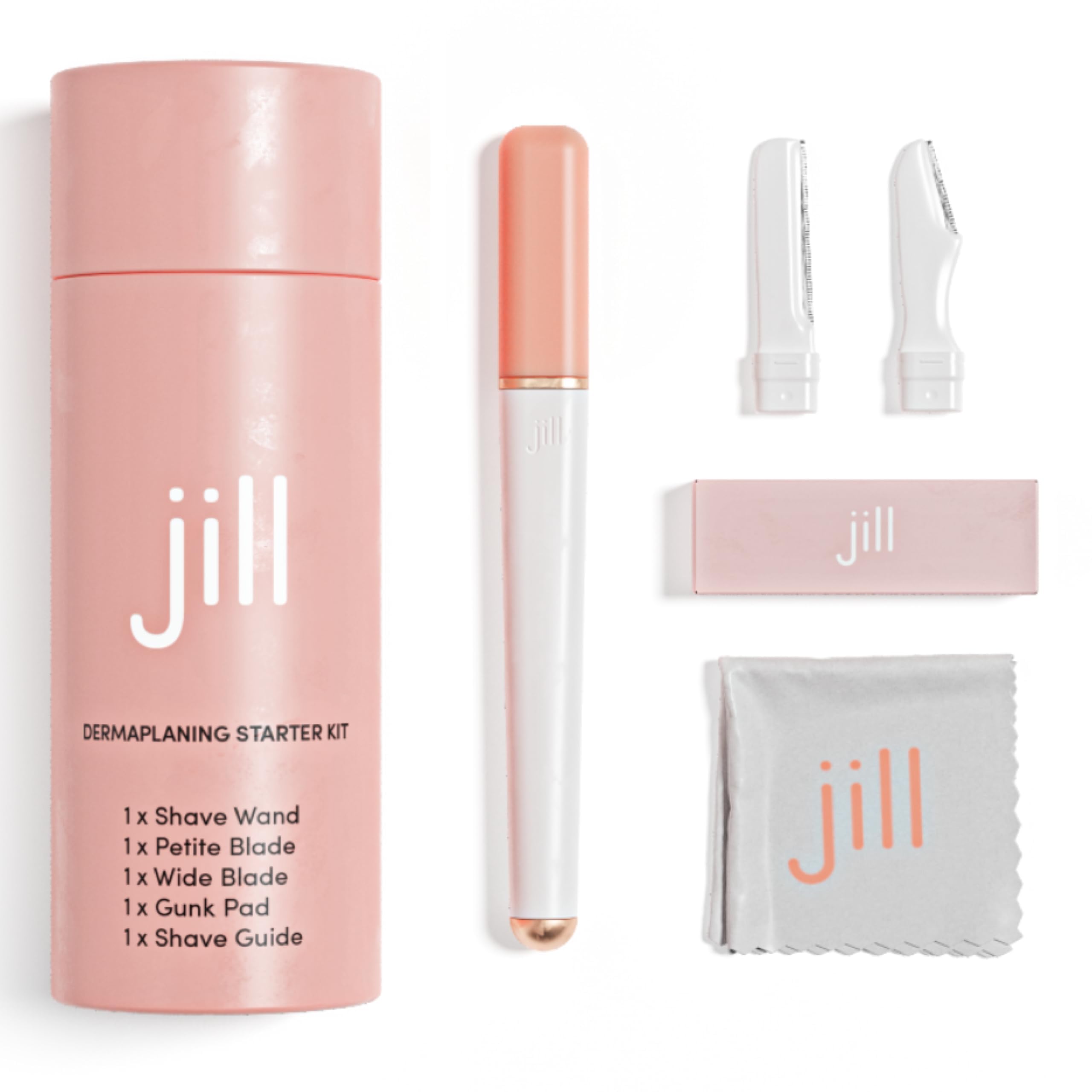 JILL Dermaplane Razor Starter Kit for Women | Facial Hair Removal Dermaplaning Kit Includes 1 Wand, 2 Sensitive Skin Razors & Cleaning Cloth