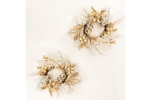 WELL KNOWN 2 Pcs Mini Golden White Floral Candle Rings Wreaths for Pillars Home Table Window Decor, 9 Inches Artificial Flower Cabinet Wreath for Kitchen Farmhouse Wedding Christmas Party