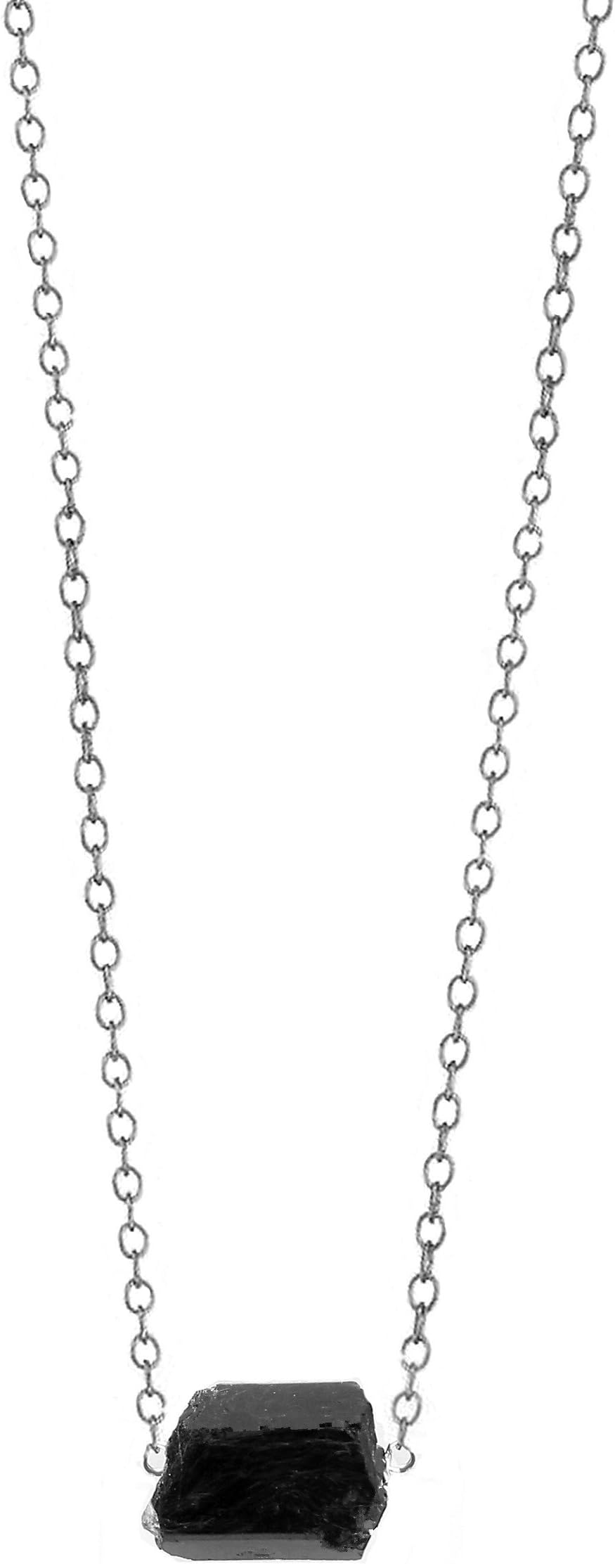 Michelle Smith Collection Rough Black Tourmaline Sterling Silver Cable Chain Necklace 16"+2", Great for Layering