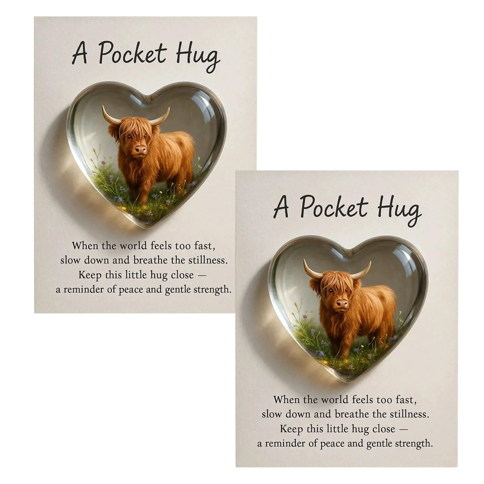 Copbopwn 2Pcs Pocket Hug Highland Cow Heart Token with Inspirational Card Rustic Animal Keepsake Unusual Highland Cow Gifts for Women Friends Family Christmas Birthday Encouragement Present