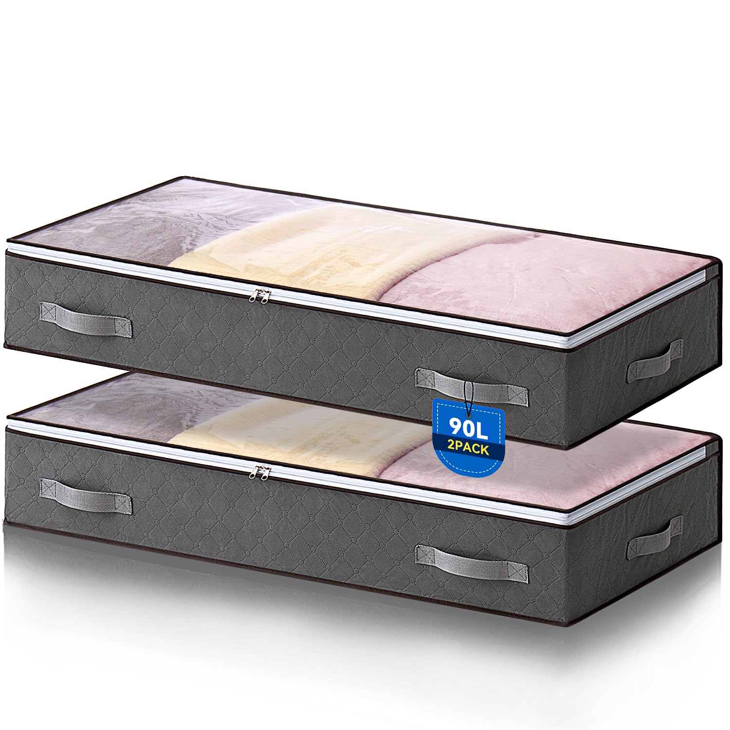 AIOR 2 Pack 90L Under Bed Storage Bags, Large Capacity Closet Organizer Bags for Clothes, Comforters, Blankets, Bedding, Foldable Container with Sturdy Zipper and Clear Window