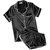 Ekouaer Womens Silk Satin Pajamas Short Sleeve PJS Shorts Set Soft Button Down Sleepwear 2 Piece Loungewear S-5XL