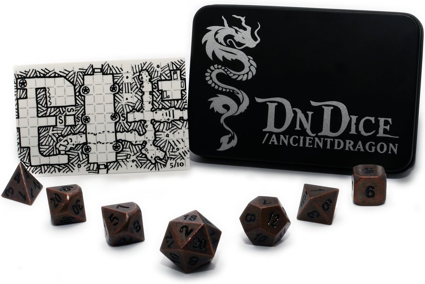 DnDice Metal Dice Set Poly Dice Set for D&D in Metallic Dragon Insignia Tin (Ancient Copper)