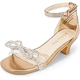 DREAM PAIRS Girls Sandals Ankle Strap Square Toe Low Heel Bow Flower Dress Shoes