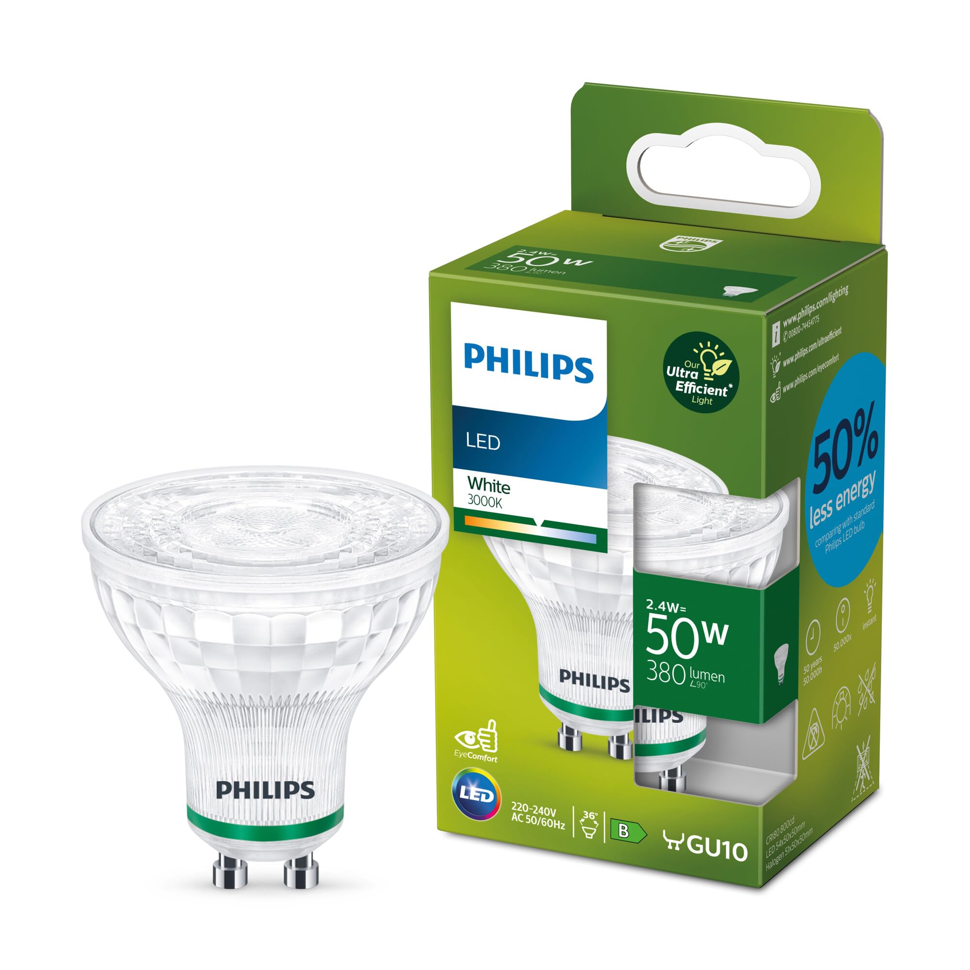 Philips Classic ultra-efficient LED bulb with energy efficiency class A, GU10 bulb, replaces 50W, white light, non-dimmable — image 1